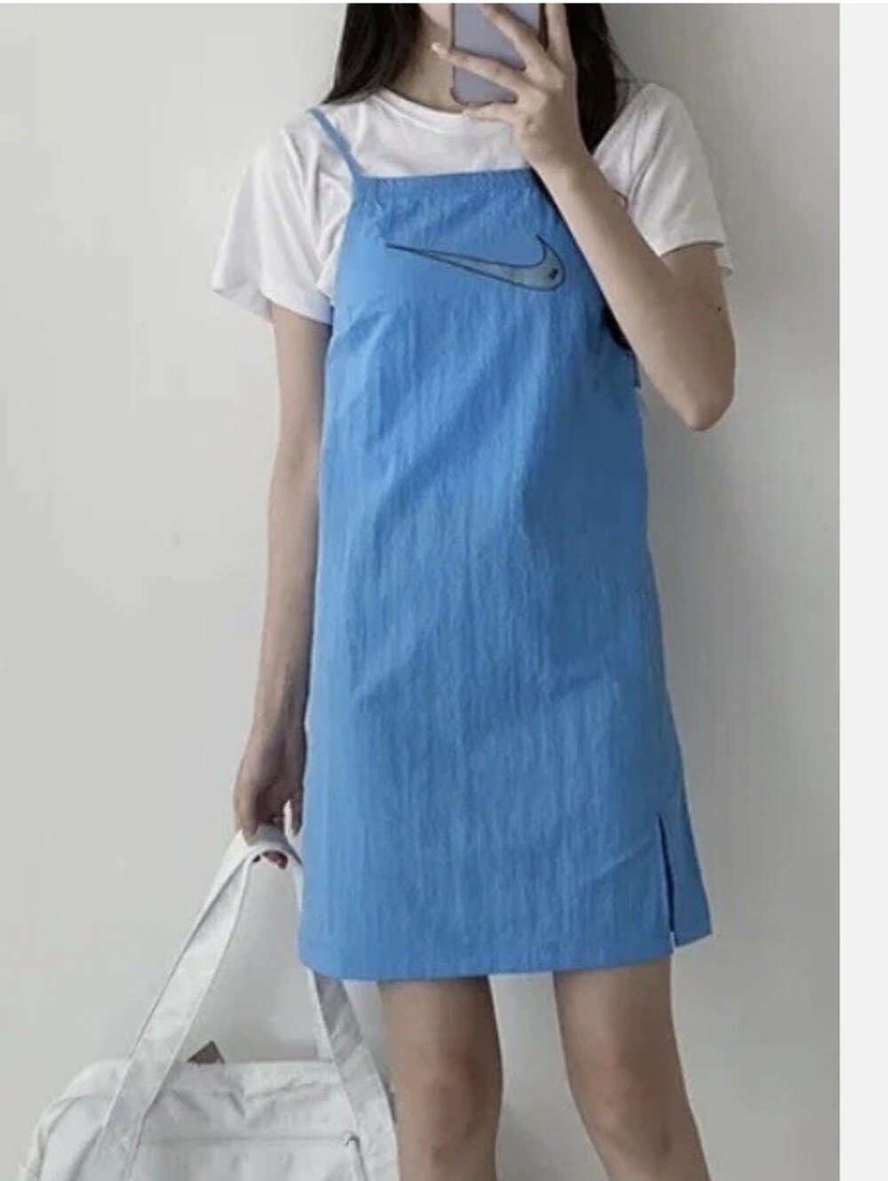 NWT Size M Nike Light Blue Spaghetti Strap Slip Dress with Swoosh